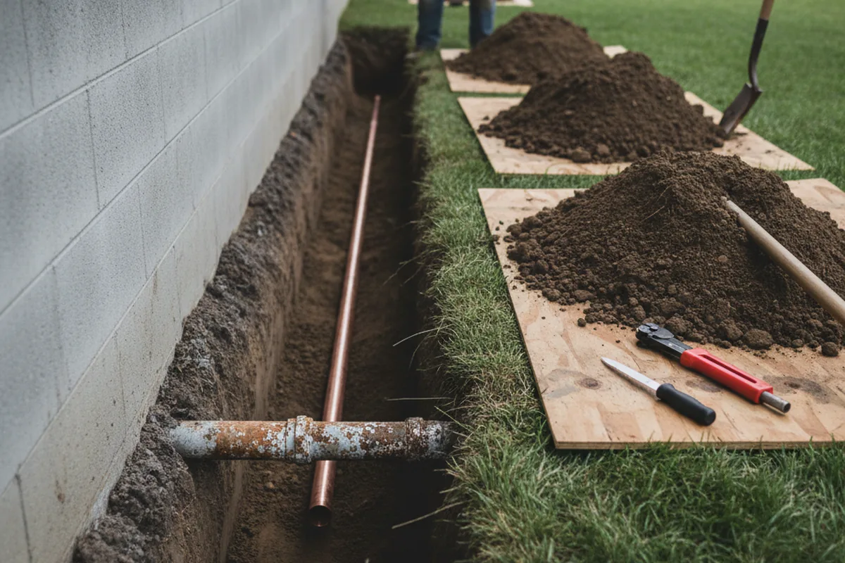 Excavated water line trench during Water Softener Installation in Beatty